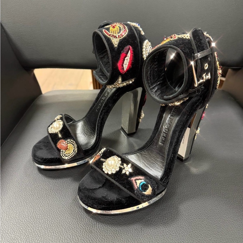 Alexander McQueen Black Velvet Embellished Ankle-Strap Heels